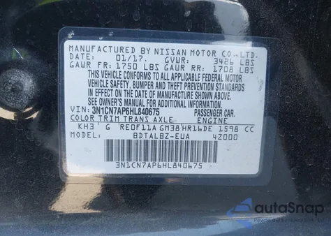 2017 Nissan Versa 1.6 Sv z USA, uszkodzony, nr VIN 3N1CN7AP6HL840675